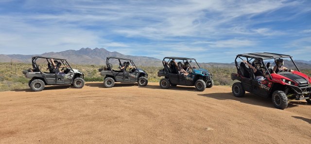 2-seat and 4-seat UTVs lined up for your group's combo tour