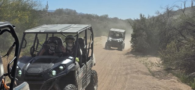 Two UTVs rolling through the Tonto National Forest on one guided tour